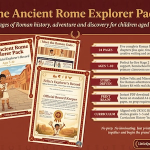 May include: The Ancient Rome Explorer Pack, a learning resource for children aged 7-10. The pack includes 24 pages of Roman history, adventure, and discovery. Features include quizzes, timelines, and creative writing activities. Print-ready PDF.