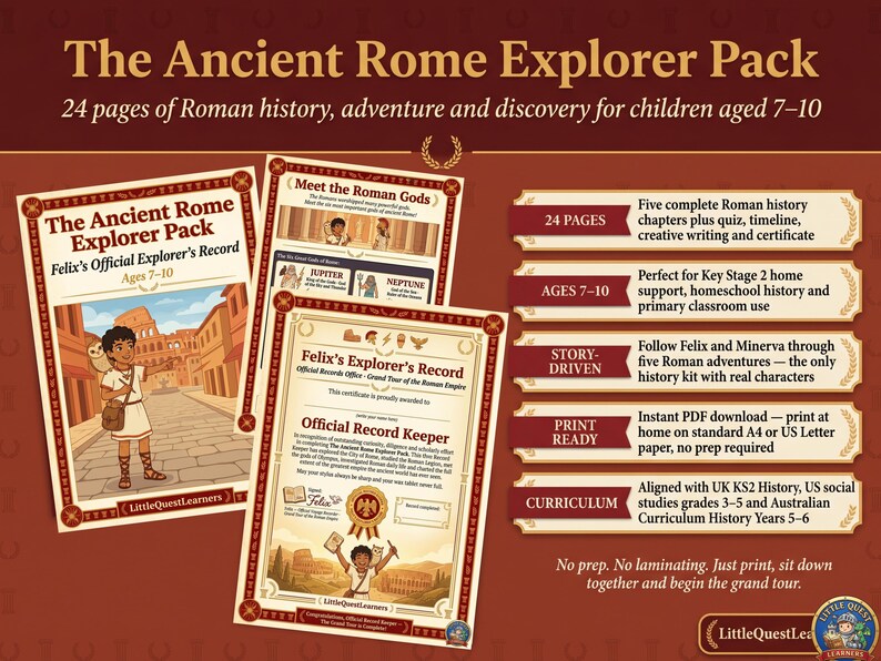 May include: The Ancient Rome Explorer Pack, a learning resource for children aged 7-10. The pack includes 24 pages of Roman history, adventure, and discovery. Features include quizzes, timelines, and creative writing activities. Print-ready PDF.