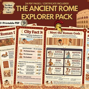 May include: Educational printable PDF pack titled "The Ancient Rome Explorer Pack" for ages 7-10. The pack includes pages with illustrations of Roman landmarks, gods, and daily life, designed for learning.