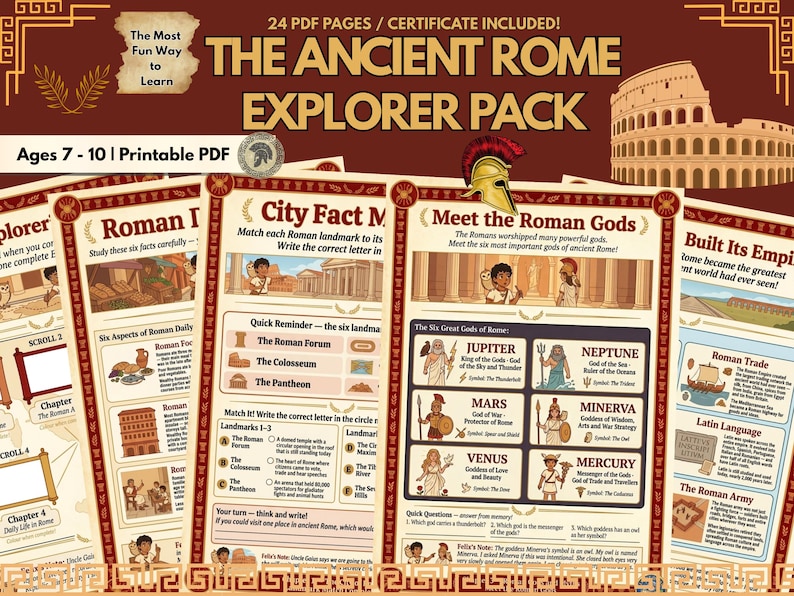 May include: Educational printable PDF pack titled "The Ancient Rome Explorer Pack" for ages 7-10. The pack includes pages with illustrations of Roman landmarks, gods, and daily life, designed for learning.