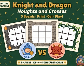 Knight Dragon Noughts Crosses Printable Game Kids | Tic Tac Toe 5 Boards | Print Play