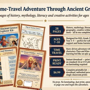 Puede incluir: Kit educativo imprimible "Una aventura en el tiempo a trav&eacute;s de la antigua Grecia" para edades de 7 a 10 a&ntilde;os. El kit incluye 28 p&aacute;ginas de historia, mitolog&iacute;a y actividades creativas. Incluye un mapa, un kit de explorador y un certificado.