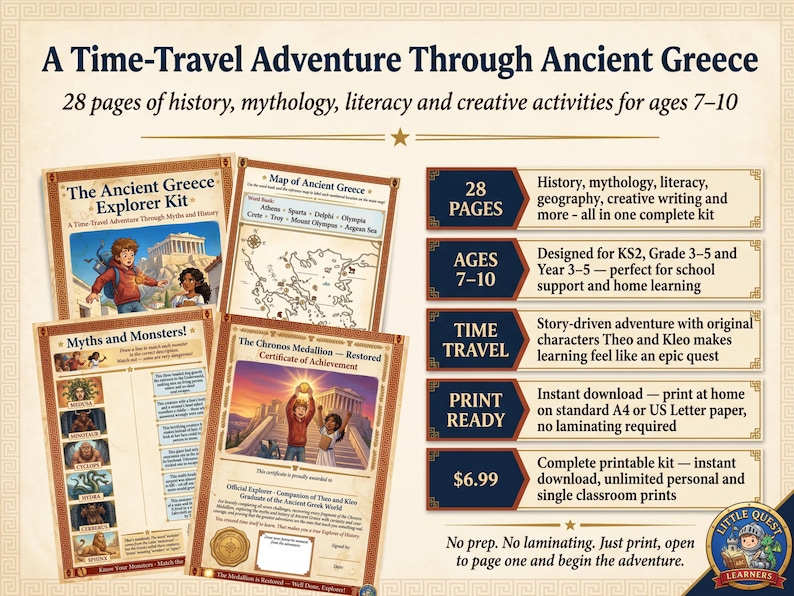 Puede incluir: Kit educativo imprimible "Una aventura en el tiempo a trav&eacute;s de la antigua Grecia" para edades de 7 a 10 a&ntilde;os. El kit incluye 28 p&aacute;ginas de historia, mitolog&iacute;a y actividades creativas. Incluye un mapa, un kit de explorador y un certificado.