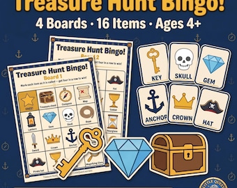 Treasure Hunt Bingo Printable Game Kids | Adventure Bingo 4 Boards Ages 4-8 | Party Activity