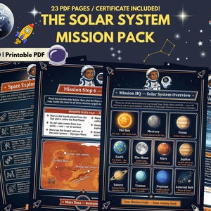 May include: A printable PDF educational resource for ages 7-10, titled "The Solar System Mission Pack." The design features illustrations of planets, astronauts, and space-themed elements. The pack includes 23 PDF pages and a certificate.