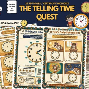 以下が含まれることがあります： 5歳から8歳向けの「The Telling Time Quest」と題された印刷可能なPDF学習セット。時計やネズミのキャラクターのカラフルなイラストと、アナログおよびデジタルの時間の読み方を学ぶための説明テキストが記載された25ページで構成されています。