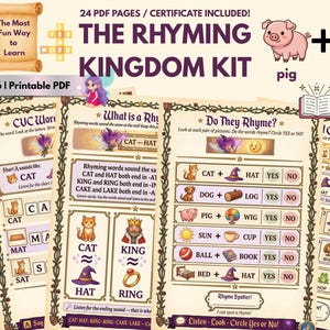 May include: A printable PDF educational kit for children aged 4-6, titled "The Rhyming Kingdom Kit." The pages feature rhyming word games, illustrations, and the text "The Most Fun Way to Learn." Includes images of a pig, a wig, and other rhyming pairs.