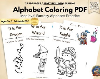Medieval Fantasy Alphabet Coloring Pages Preschool Art Homeschool Curriculum Knight Dragon Printable PDF