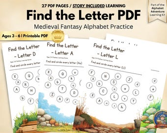 Find The Letter Worksheets I Spy Alphabet Activity Preschool Medieval Fantasy Homeschool Printable PDF