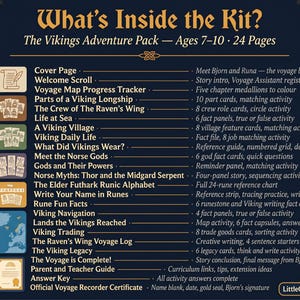 Może przedstawiać: Kolorowy zestaw edukacyjny zatytułowany "What's Inside the Kit? The Vikings Adventure Pack". Zestaw zawiera 24 strony aktywności dla dzieci w wieku 7-10 lat. Obraz przedstawia listę zawartych element&oacute;w, takich jak strona tytułowa i r&oacute;żne karty aktywności.