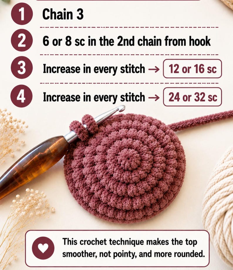 May include: A crochet tutorial graphic featuring a dusty rose circular piece worked with a brown-handled hook. Text steps include: 1 Chain 3, 2 6 or 8 sc in the 2nd chain from hook, 3 Increase in every stitch 12 or 16 sc, 4 Increase in every stitch 24 or 32 sc.