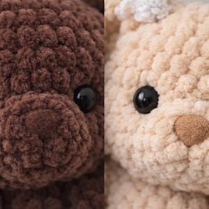 May include: Two plush toys made of thick, textured yarn. One toy is dark brown with a matching nose, and the other is light beige with a tan nose. Both feature large, round, glossy black plastic eyes and a dense, looped crochet stitch pattern.