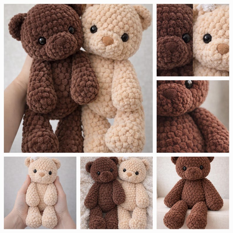 May include: Two plush teddy bears crafted from soft, chunky yarn in dark brown and light beige colors. Each bear features round ears, a stitched nose, and dark, glossy plastic eyes. The textured, knotted surface of the yarn creates a soft, tactile appearance across the bodies, limbs, and heads of these stuffed animals.