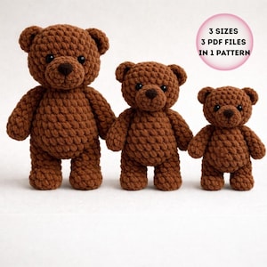 May include: Three brown crochet teddy bears of varying sizes. The bears have dark brown eyes and noses, and are standing upright. The image includes text that reads "3 SIZES 3 PDF FILES IN 1 PATTERN".