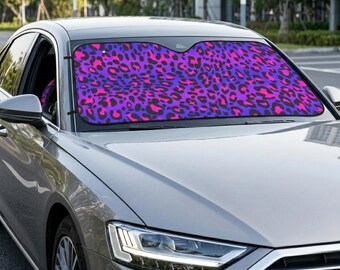 パープルピンクのヒョウ柄カーサンシェード | アニマルプリントの自動車アクセサリー | 運転愛好家向けインテリア | 女の子へのギフト | 車へのギフト | 車用サンシェード