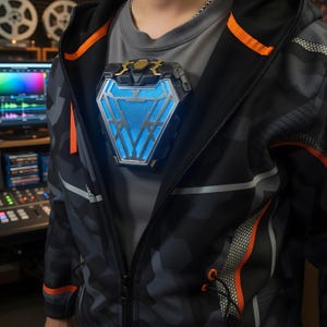 May include: A black, gray, and orange camouflage jacket with a glowing blue and gold device attached to the chest. The device has a diamond shape with a blue mesh center and a gold top.