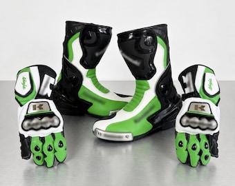 Custom Handmade Leather Motorcycle Racing Boots & Gloves Set – Green Biker Track Gear