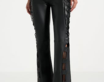 Black Leather Flared Trousers: High Waist Gothic Lace-Up Punk Streetwear Bottoms