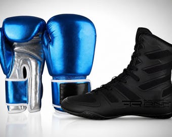 Conjunto de guantes de boxeo y zapatillas de entrenamiento personalizados, equipamiento de MMA hecho a mano, equipo de lucha personalizado.