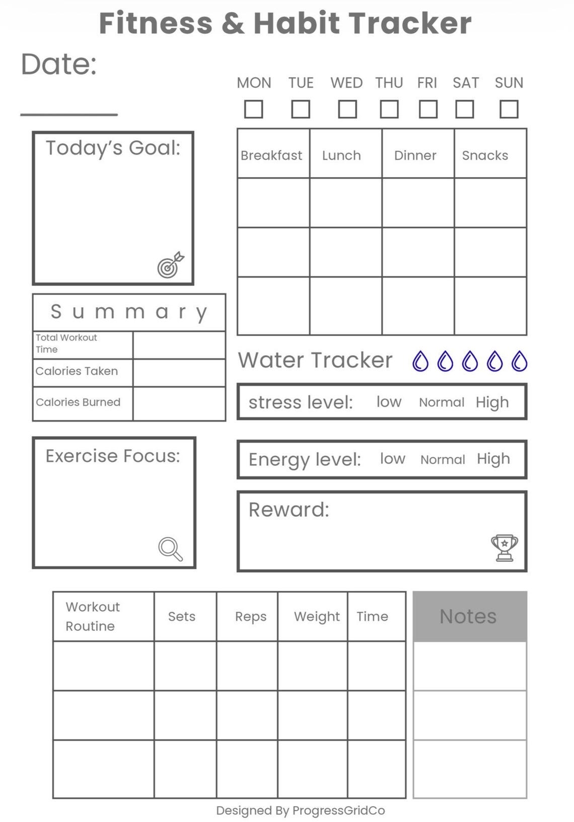Fitness & Habit Tracker – Printable PDF Planner for Daily Goals - Etsy