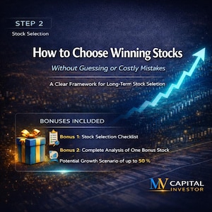 以下が含まれることがあります： 「How to Choose Winning Stocks」のテキストが入った、株式選択を促進する画像。青い矢印が上向きに伸び、成長を示唆しています。画像にはギフトボックスとチェックリストのアイコンが含まれており、ボーナスを示しています。「MV Capital Investor」のロゴが下部にあります。
