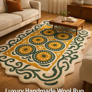 Luxury hand tufted wool rug in modern living room, organic irregular shape with green vine border and mustard geometric design, beige sofa and wooden table setting