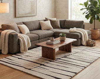 Hand Tufted Wool Rug, Modern Abstract Area Rug, Neutral Cream & Charcoal Rug, Minimalist Living Room Rug, Japandi Bedroom Decor