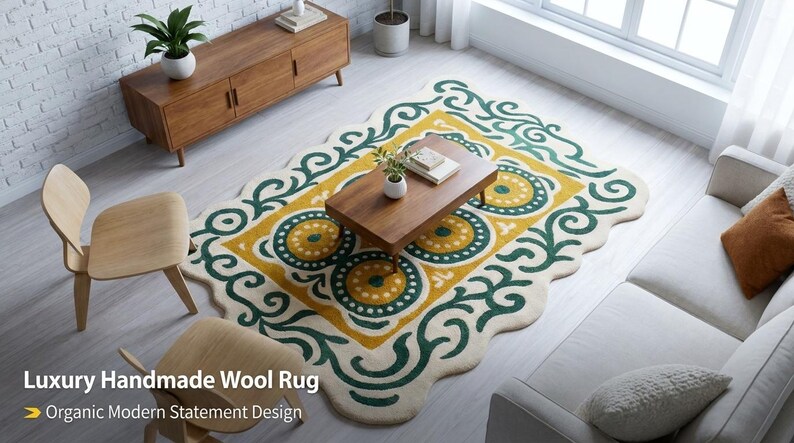May include: A rectangular wool rug with a scalloped edge featuring a cream background, a mustard yellow central border, and dark green swirling patterns. The design includes three circular motifs with yellow centers and dark green borders.