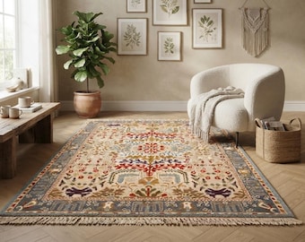 Hand Knotted Wool Area Rug, Traditional Persian Floral Design, Handmade Wool Rug Bedroom Rug, Indian hand Knotted Rug, Custom Size 5X8, 8X10