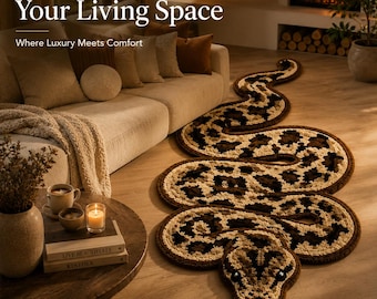May include: A unique, handcrafted snake-shaped rug with a brown and tan pattern, adding a touch of whimsy to a living room. The rug is placed on a wooden floor near a beige sofa and a coffee table. The text "Transform Your Living Space" is visible.