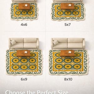Rug size guide showing different dimensions 4x6 5x7 6x9 8x10 in living room layout with sofa and table, helping choose perfect rug size