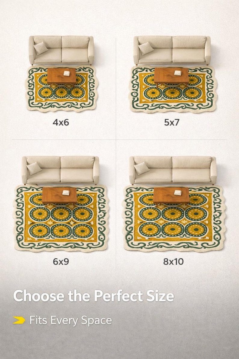 Rug size guide showing different dimensions 4x6 5x7 6x9 8x10 in living room layout with sofa and table, helping choose perfect rug size