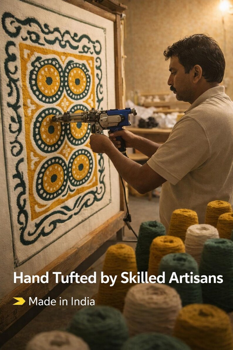 Indian artisan making hand tufted wool rug using tufting gun, workshop scene with yarn cones showing handmade craftsmanship and production process
