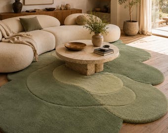 Organic Shape Rug, Sage Green Rug, Hand Tufted Wool Rug, Japandi Rug, Modern Organic Rug, Irregular Area Rug, Wabi Sabi Decor, Customise Rug