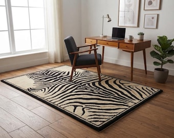 Black Ivory Zebra Rug, Hand Tufted Wool Rug, Modern Animal Print Area Rug