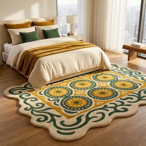 Organic Modern Rug, Hand Tufted Wool Area Rug, Irregular Shape Green Mustard Abstract Carpet, Custom Size, Living Room Bedroom Decor image 5