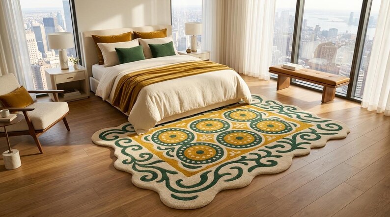 Organic Modern Rug, Hand Tufted Wool Area Rug, Irregular Shape Green Mustard Abstract Carpet, Custom Size, Living Room Bedroom Decor image 5