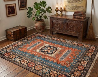 Hand Knotted Rug Wool Area Rug | Authentic Traditional Blue and Orange Geometric Rug with Fringe | 100% Hand Woven Carpet | Size 8x10