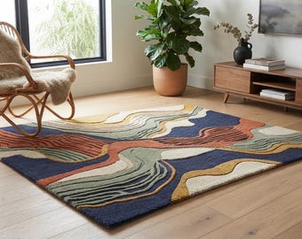 Modern Abstract Wool Rug, Hand Tufted Navy Blue Area Rug, Sage Green Terracotta, Organic Wave Design.
