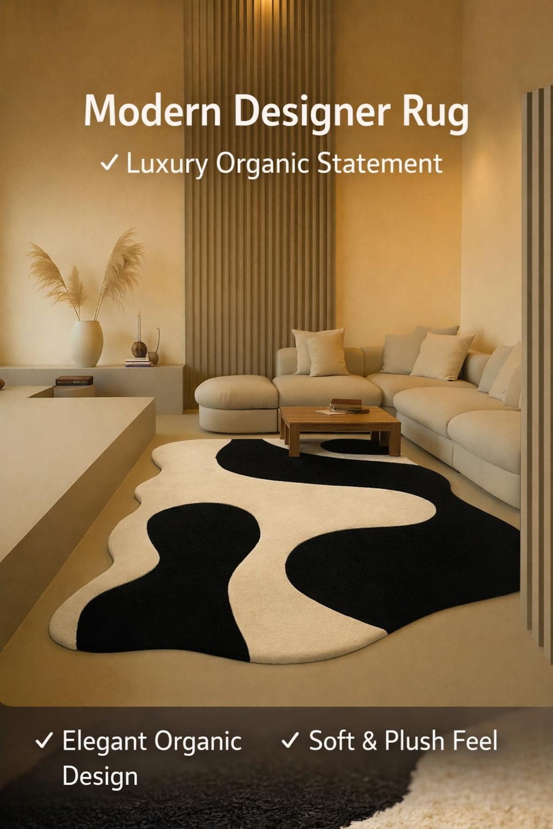 Organic Shape Rug, Black and Ivory Area Rug, Hand Tufted Wool Rug ...