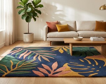 Hand Tufted Floral Wool Rug, Botanical Area Rug, Modern Statement Rug 8x10 Carpet,  Blue  Room Rug, Handmade Luxury Rug, Navy Green Leaf Rug