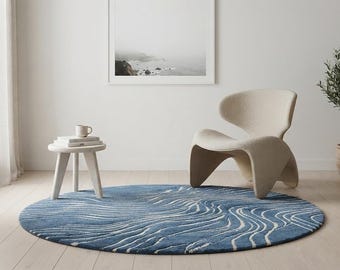 Blue Abstract Wool Rug, Hand Tufted Wave Rug, Modern Organic Area Rug, Blue Ivory Living Room Rug, Coastal Contemporary Carpet