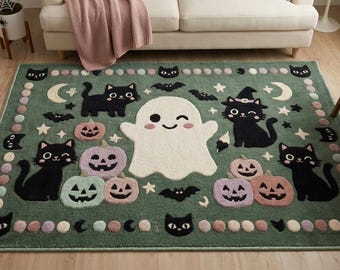Hand Tufted Halloween Wool Rug, Ghost Cat Pumpkin Rug, Spooky Cottagecore Area Rug, Custom size rug