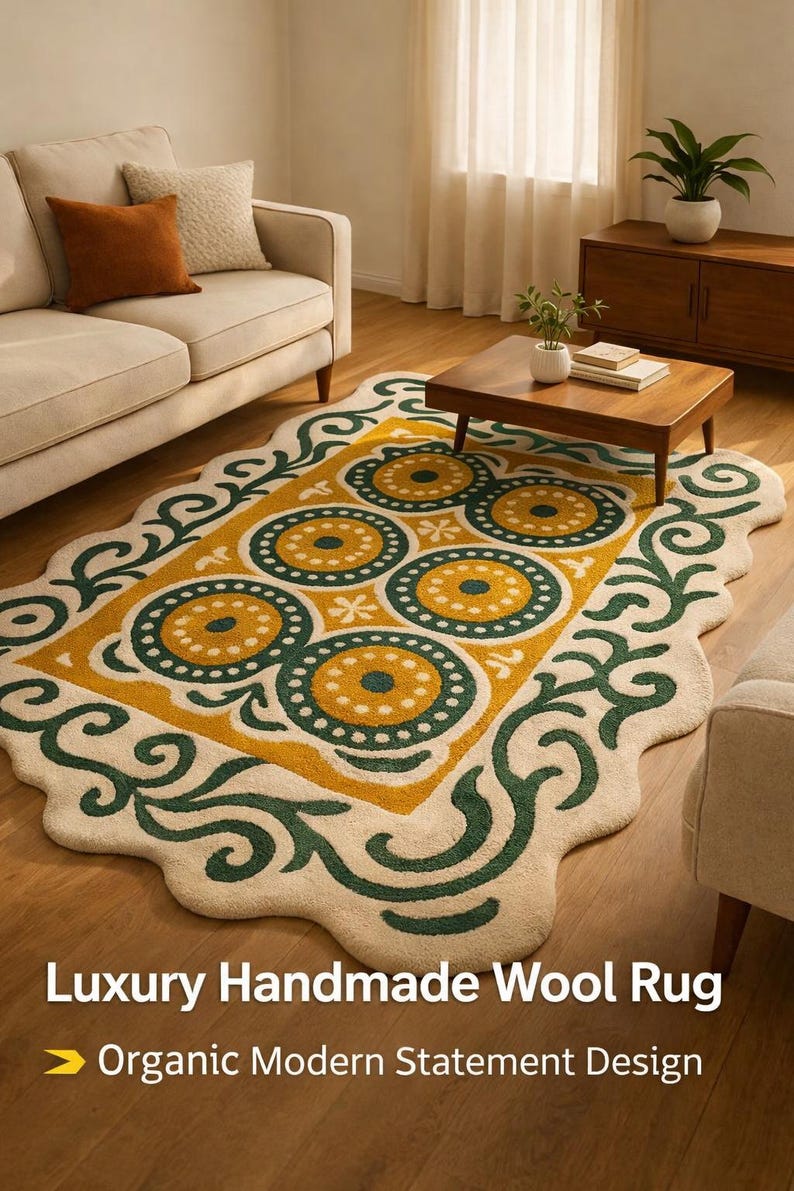 Luxury hand tufted wool rug in modern living room, organic irregular shape with green vine border and mustard geometric design, beige sofa and wooden table setting