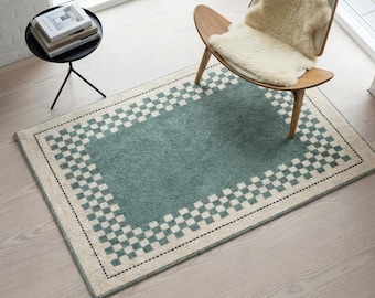 Handmade Teal Checkerboard Shag Rug | Pure Wool Plush Area Rug | Geometric Rug | Modern Living Room Decor|Custom Size 5x7,9x12