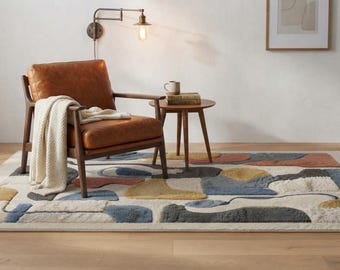 Hand Tufted Wool Rug, Modern Abstract Geometric Area Rug, Blue Mustard Neutral Rug Custom Rug