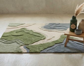 Sage Green Abstract Wool Rug, Hand Tufted Modern Area Rug, Organic Topographic Design