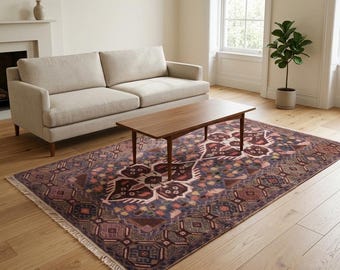 Vintage Persian Rug, Hand Knotted Rug, Bohemian Area Rug 5x8, Deep Plum Geometric, Wool Tribal Rug,  Handmade In India, Medallion Design