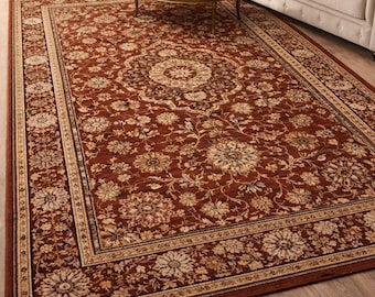 Rust Persian Style Wool Rug, Hand Tufted Floral Medallion Area Rug, Traditional Oriental Rug, Vintage Living Room Carpet, Custom Size