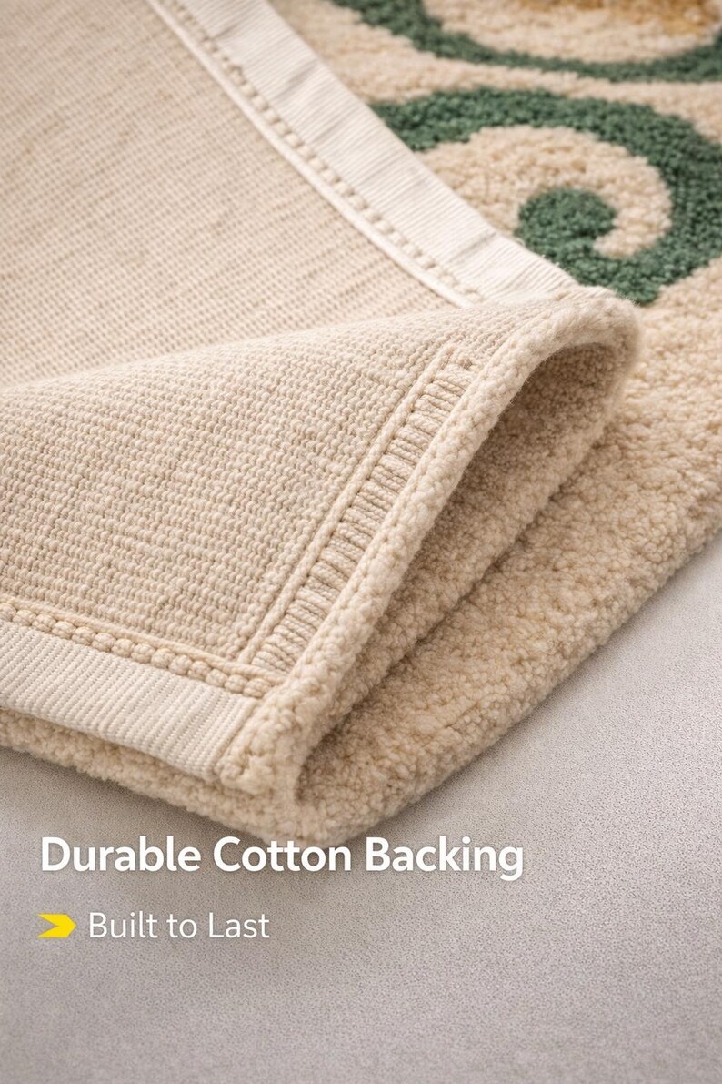 Backside of wool rug with folded corner showing durable cotton backing and stitching detail, high quality construction and finishing